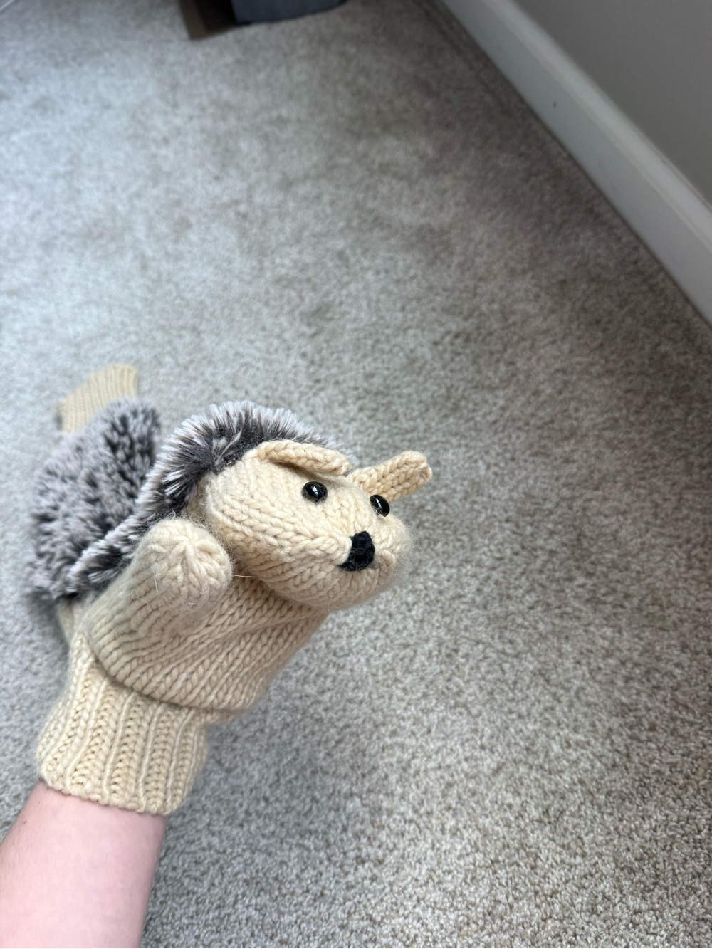 Beige & Gray Hedgehog Mittens - Cute Knit Winter Mittens - Picture 2 of 2